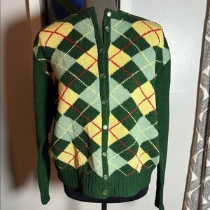Vintage Hand Knit Green Argyle Button-Up Cardigan Sweater